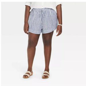 NWT Women's High-Rise Linen Pull-On Shorts - Universal Thread™ Navy Blue Striped